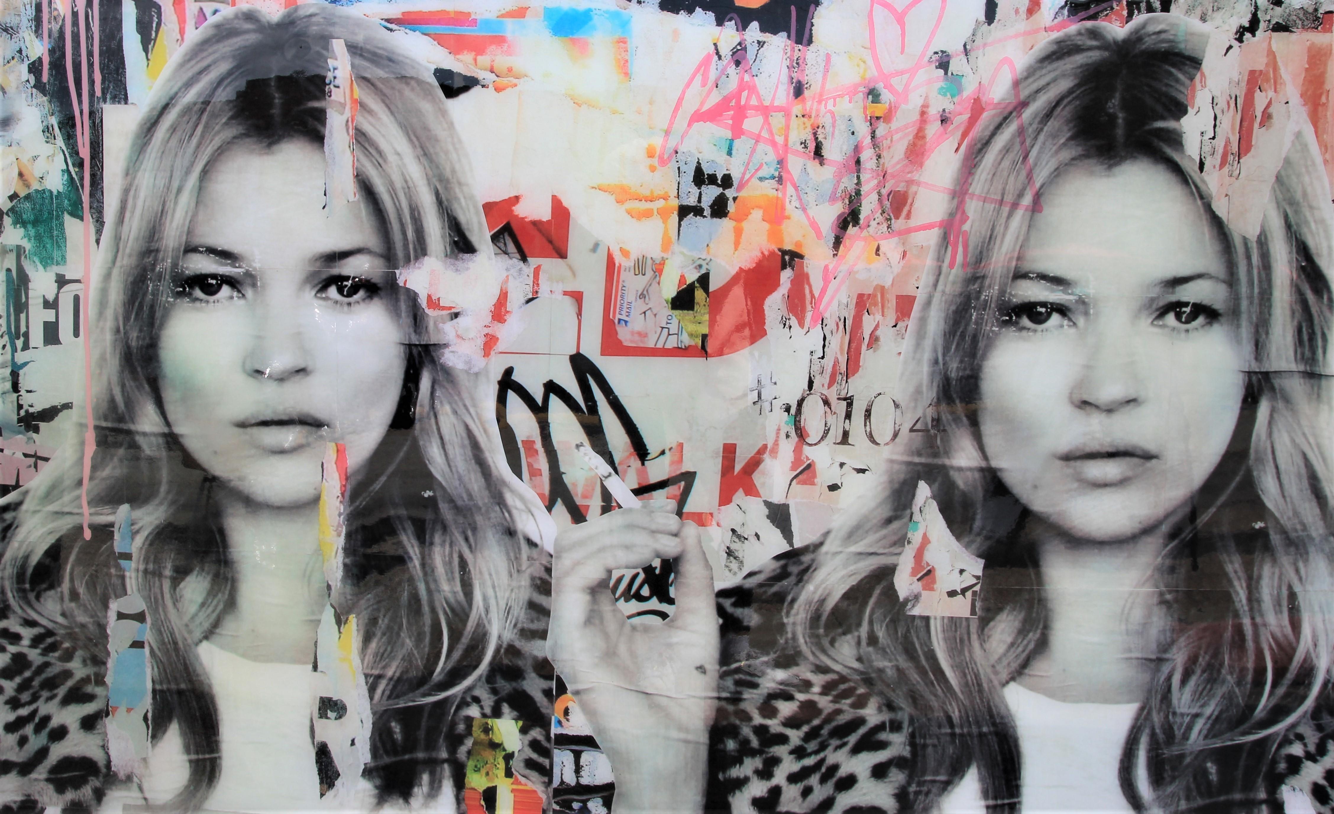 “Pair of Kates” Colorful Contemporary Mixed Media Pop Art Collage of Kate Moss - Painting by Jim Hudek