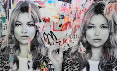“Pair of Kates” Colorful Contemporary Mixed Media Pop Art Collage of Kate Moss