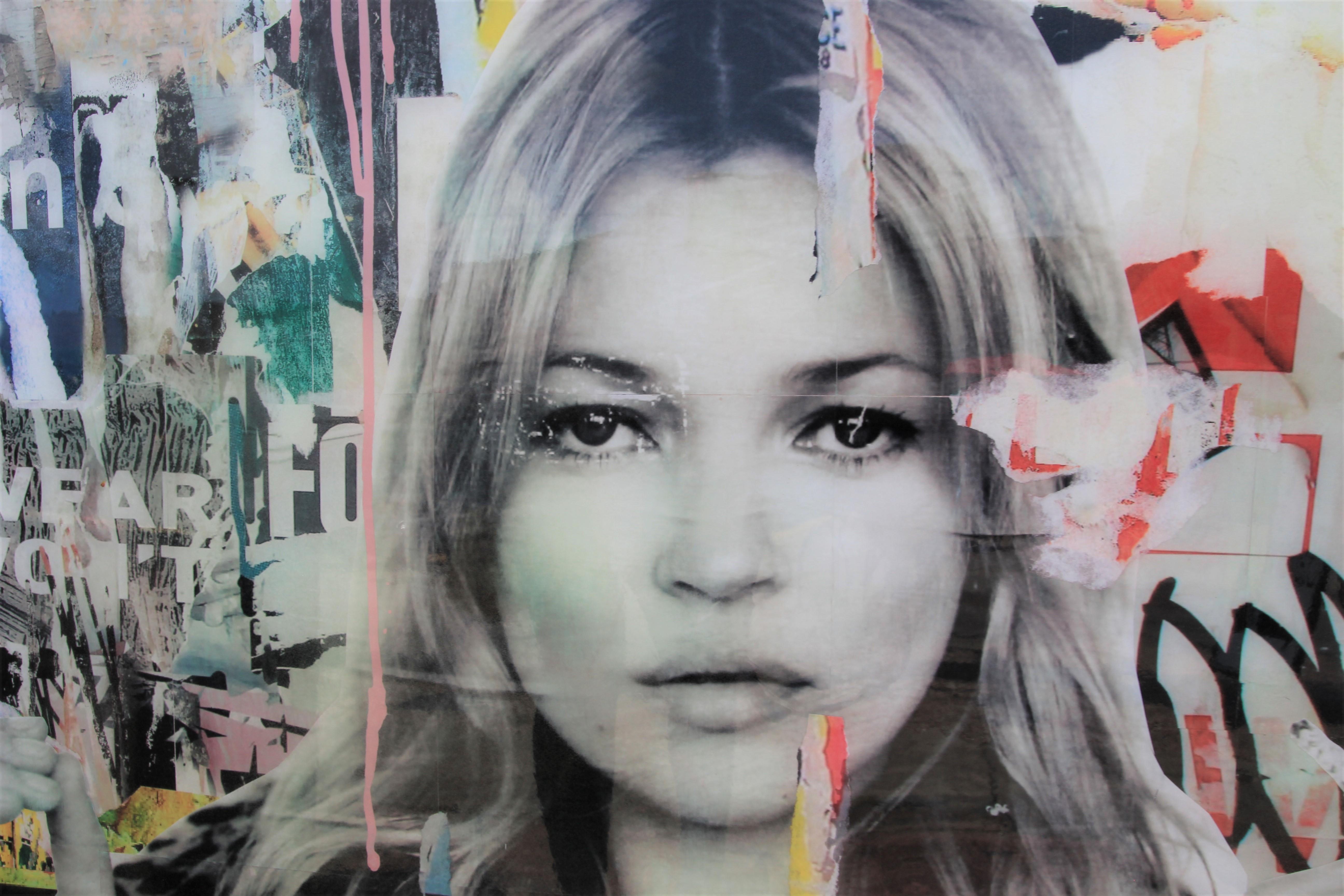 “Pair of Kates” Colorful Contemporary Mixed Media Pop Art Collage of Kate Moss 1