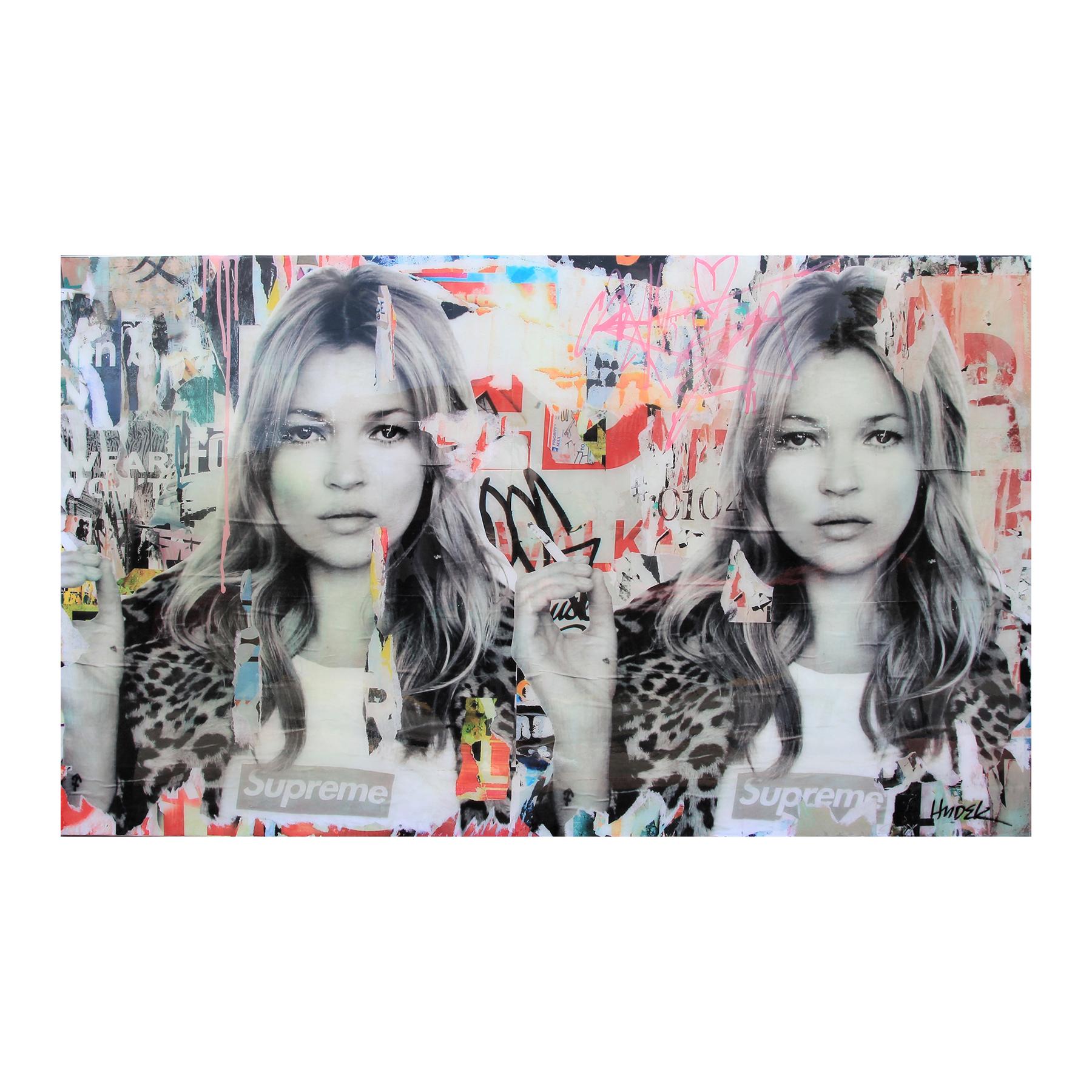 Jim Hudek Portrait Painting - “Pair of Kates” Colorful Contemporary Mixed Media Pop Art Collage of Kate Moss