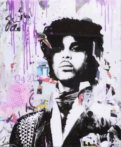 Portrait en collage Pop Art noir, blanc et violet du prince « Prince du violet »