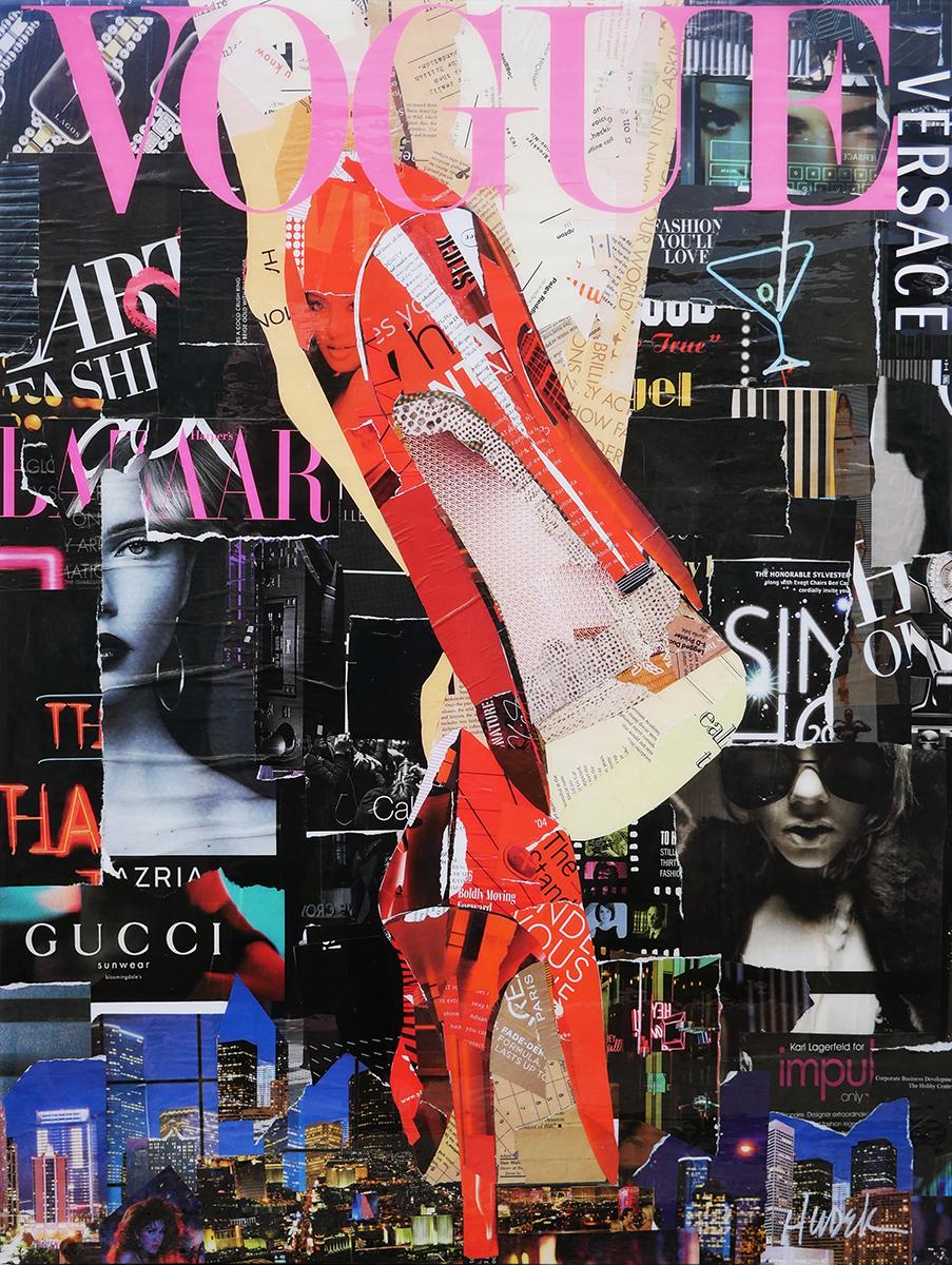 Contemporary fashion pop art collage by Houston, Texas artist Jim Hudek. The work features a close up of a pair of red high heels composed of a collage of magazine cut outs with the word 