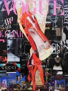 Collage d'assemblage de médias mixtes Pop Art contemporain Vogue à talons hauts rouges