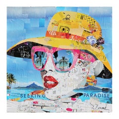 "Seeking Paradise" Tropical Vacation Mixed Media Pop Art Assemblage Collage