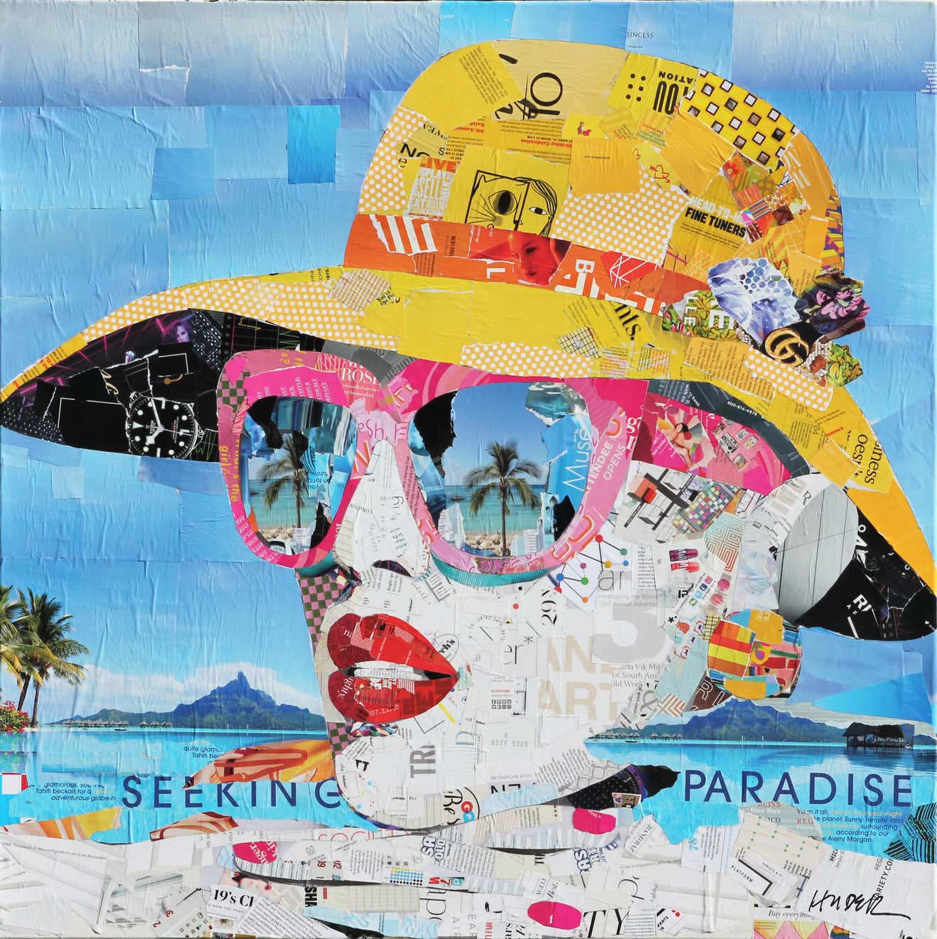Jim Hudek Seeking Paradise Tropical Vacation Mixed Media Pop Art Assemblage Collage For Sale