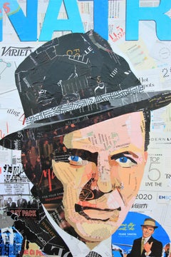 "Sinatra" Blue, Black & White Contemporary Mixed Media Pop Art Collage Portrait