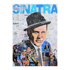 "Sinatra" Blue, Black & White Contemporary Mixed Media Pop Art Collage Portrait