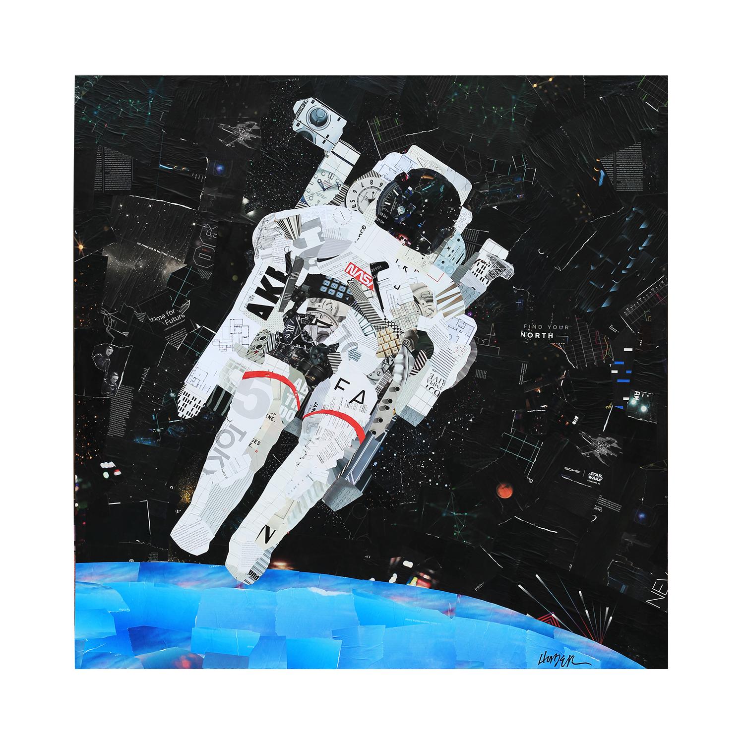 “Spacewalk” Floating Astronaut Mixed Media Pop Art Assemblage Collage - Painting by Jim Hudek