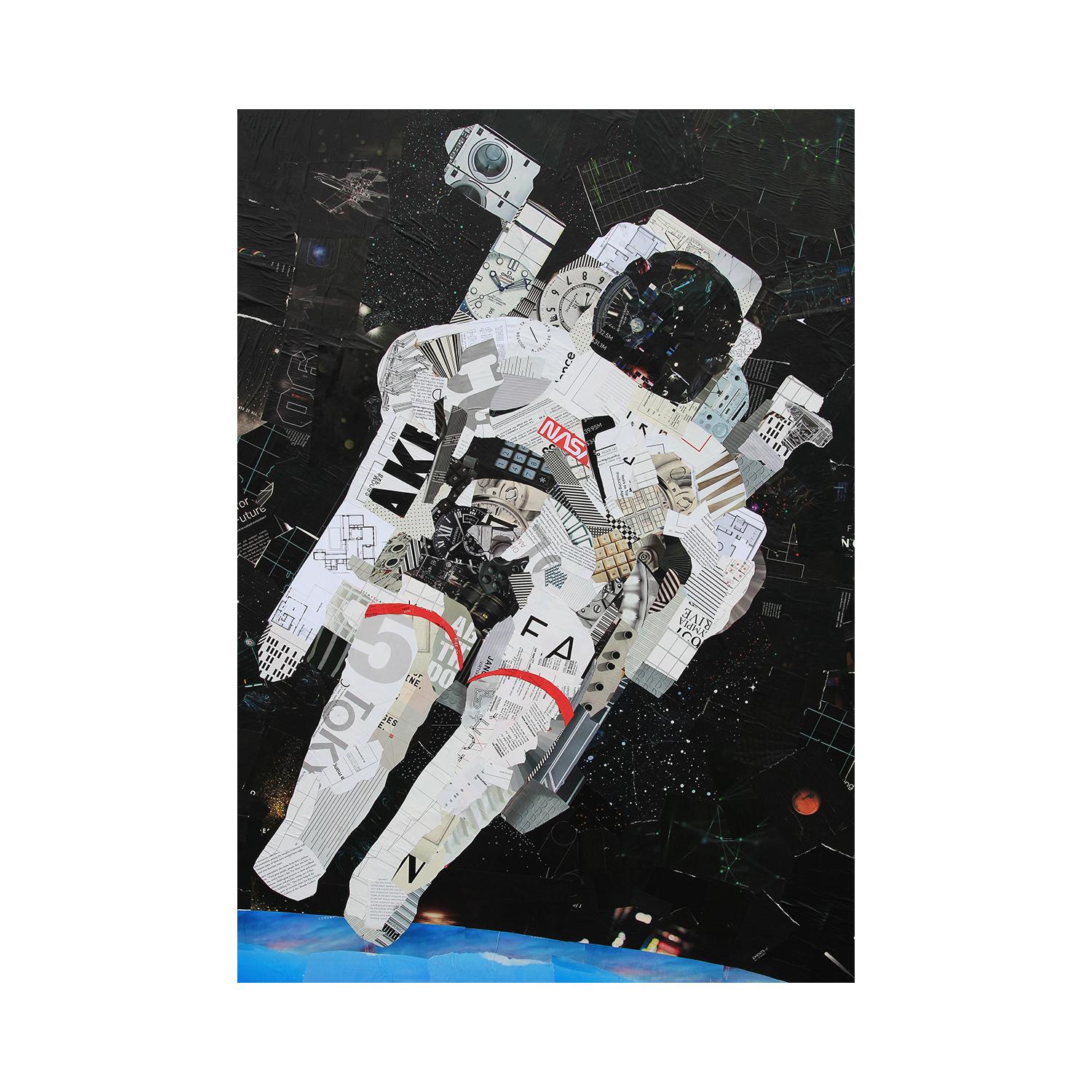 “Spacewalk” Floating Astronaut Mixed Media Pop Art Assemblage Collage - Black Figurative Painting by Jim Hudek