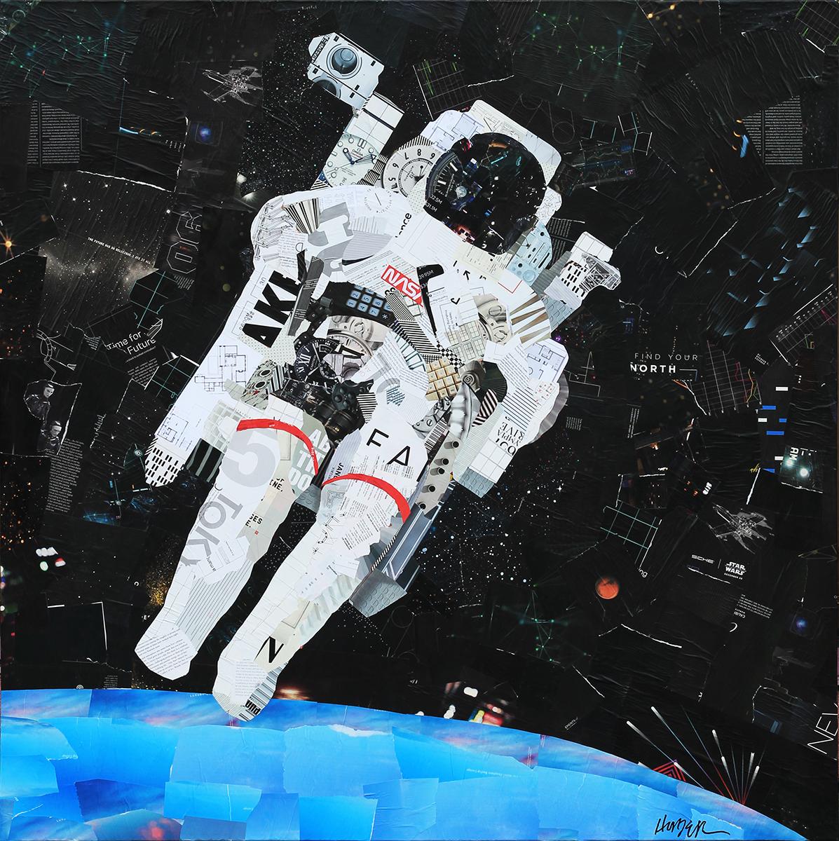 Jim Hudek Figurative Painting - “Spacewalk” Floating Astronaut Mixed Media Pop Art Assemblage Collage