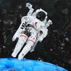 “Spacewalk” Floating Astronaut Mixed Media Pop Art Assemblage Collage
