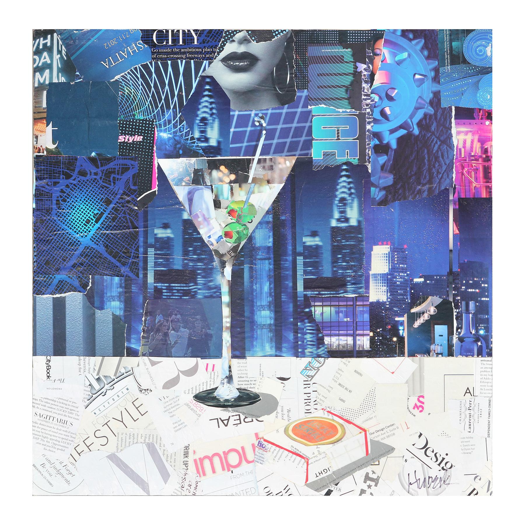 Square Abstract Blue Martini Glass Mixed Media Pop Art Magazine Collage - Painting by Jim Hudek