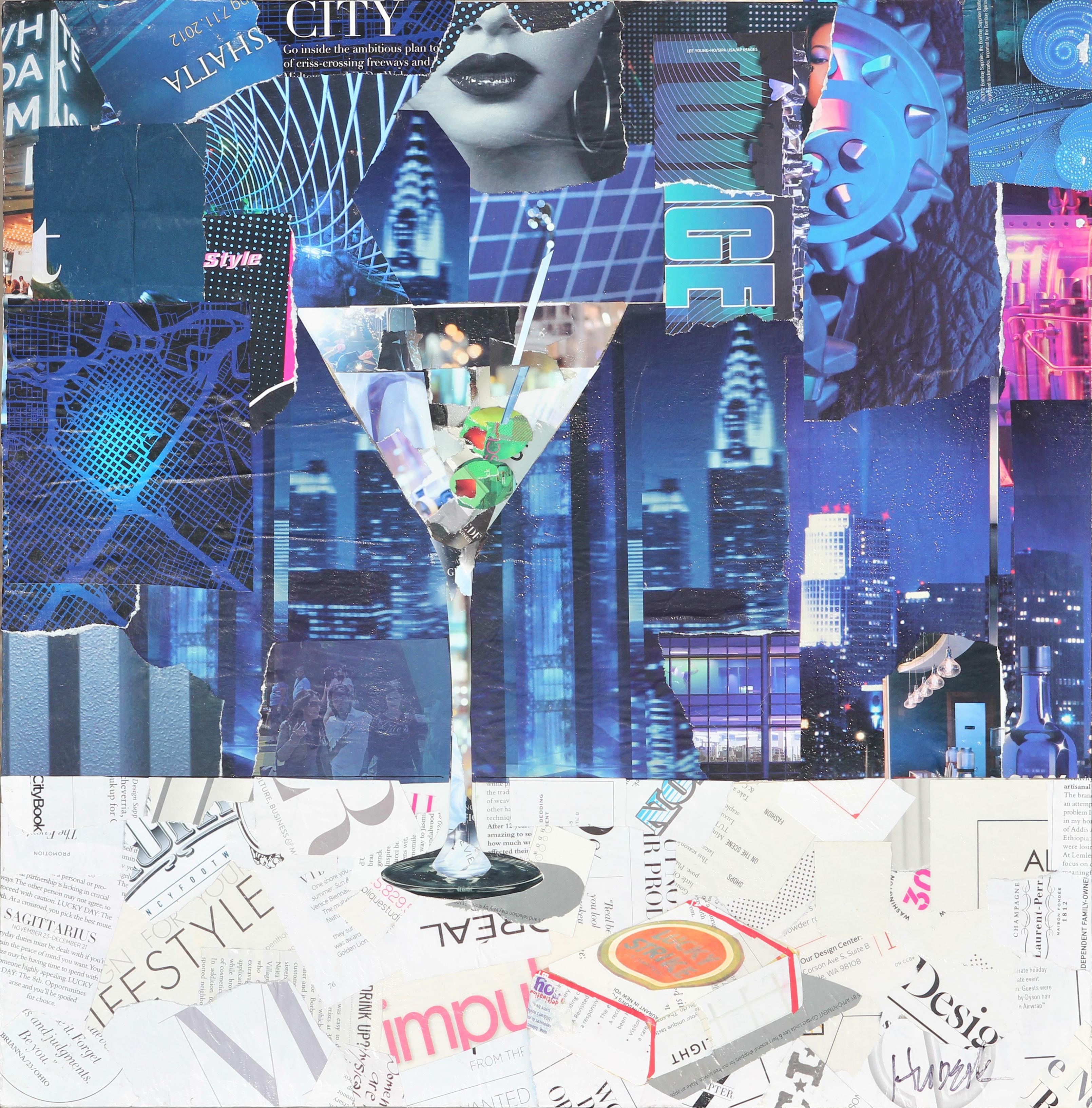 Jim Hudek Still-Life Painting - Square Abstract Blue Martini Glass Mixed Media Pop Art Magazine Collage