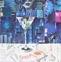 Square Abstract Blue Martini Glass Mixed Media Pop Art Magazine Collage