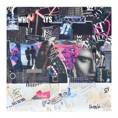 Square Abstract Pink and Blue Martini Glass Mixed Media Pop Art Magazine Collage