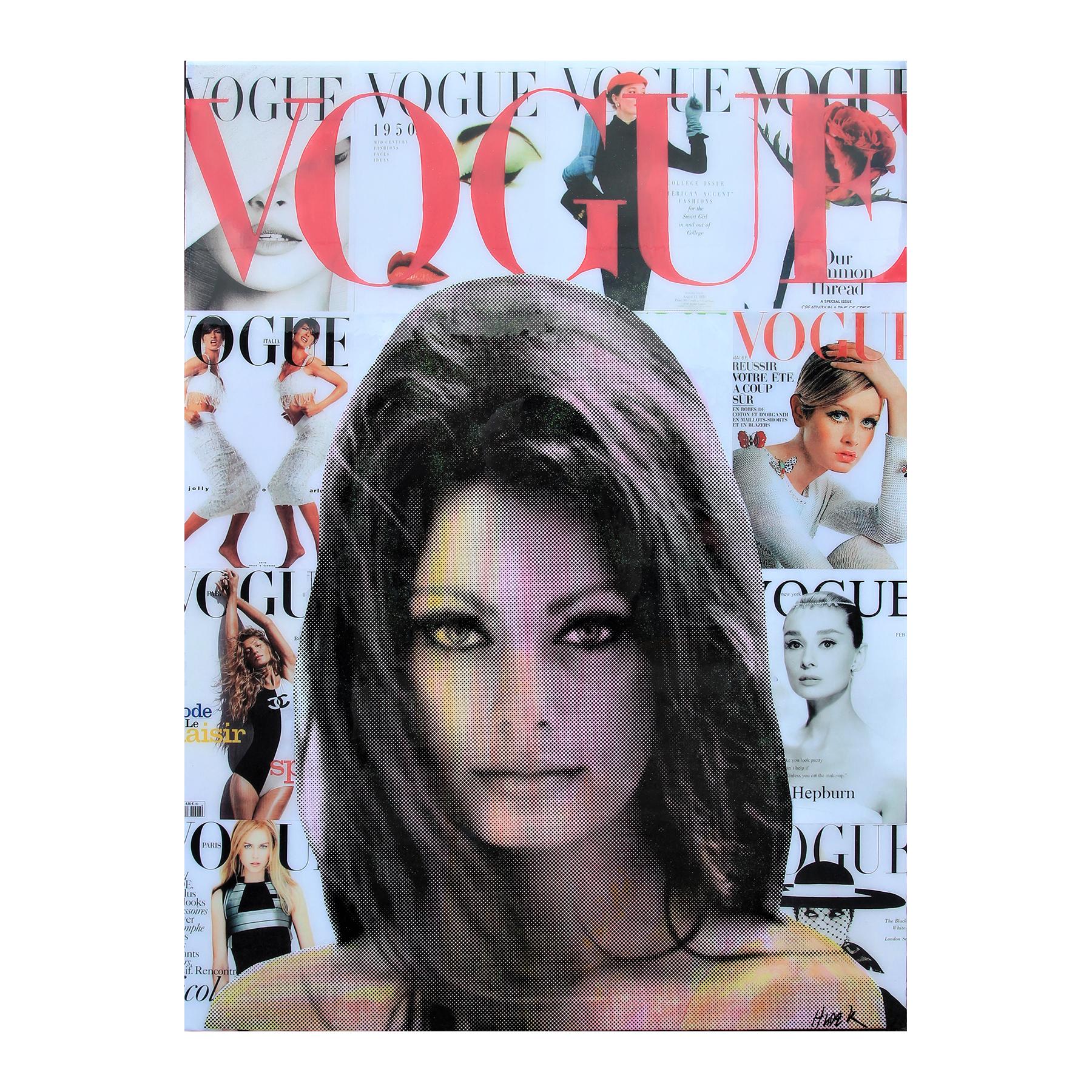 Jim Hudek Abstract Painting - “Vogue History” Sophia Loren Colorful Contemporary Mixed Media Pop Art Collage