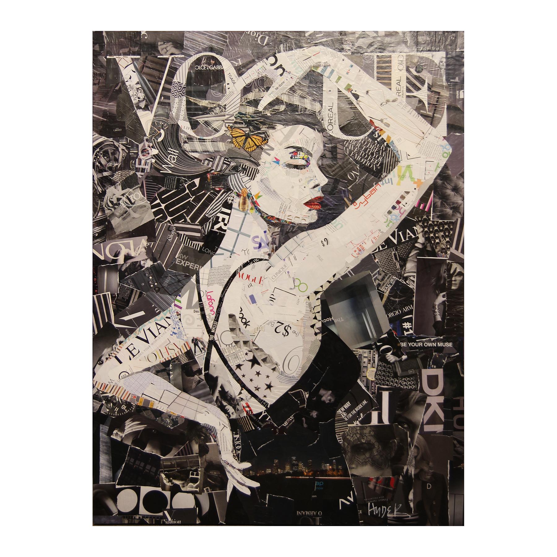 Jim Hudek Abstract Painting - "Butterfly Vogue" Abstract Black + White Female Mixed Media Contemporary Collage