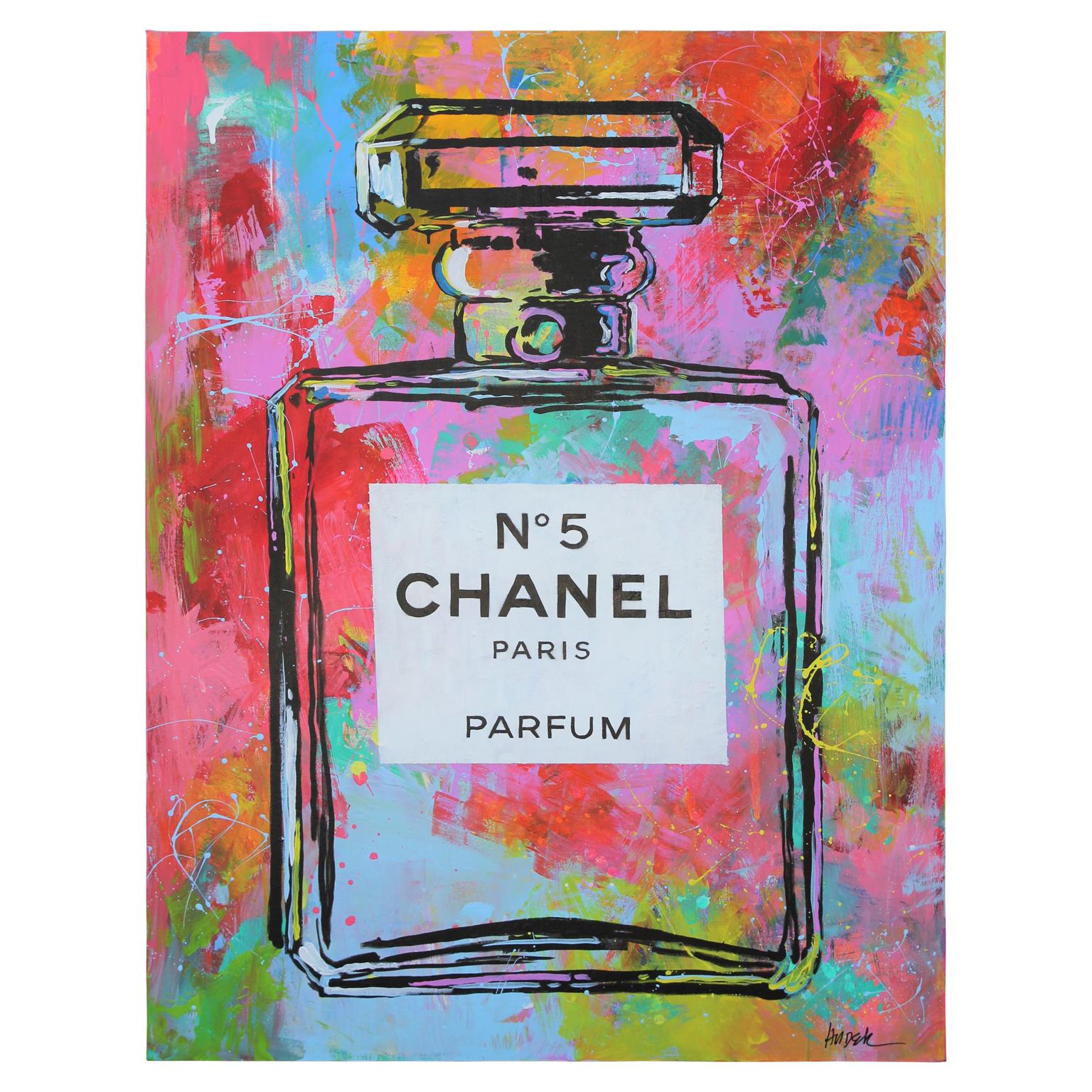 Jim Hudek Abstract Painting - "Chanel No.5 #2" Colorful Abstract Paris Parfum Bottle Painting