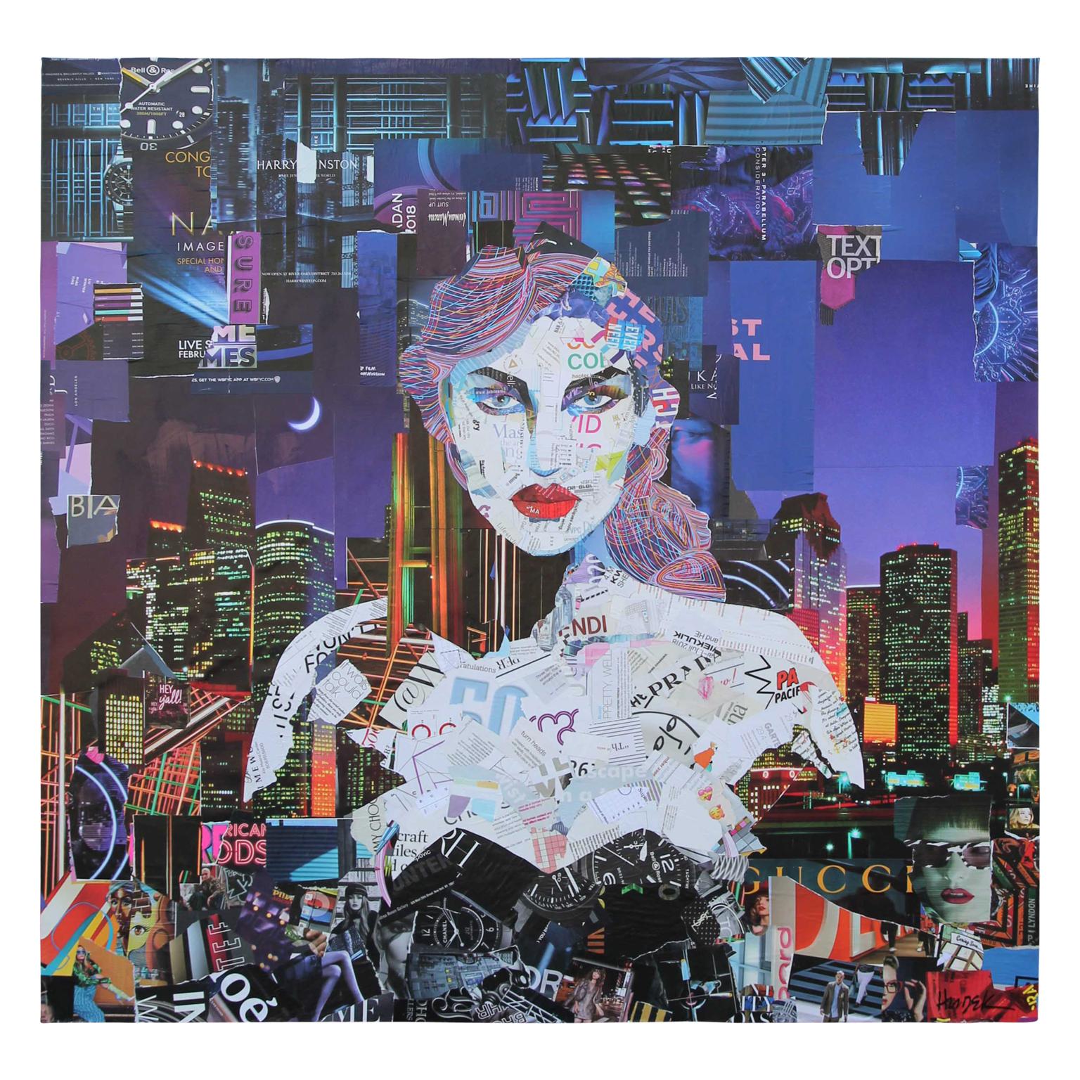 Jim Hudek Portrait Painting - "Houston Night Life" Contemporary Mixed Media Collage Female Portrait