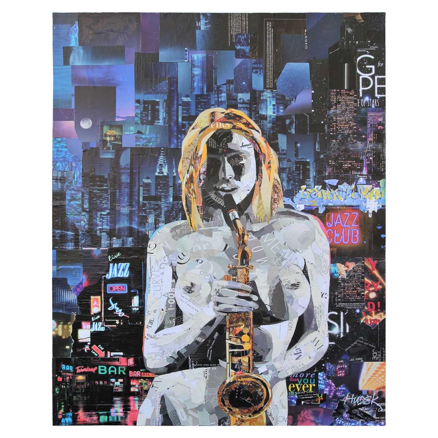 Jim Hudek Portrait Painting - "Nude Sax" Mixed Media Collage Portrait of Nude Female and Saxophone 