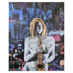 "Nude Sax" Mixed Media Collage Portrait of Nude Female and Saxophone 
