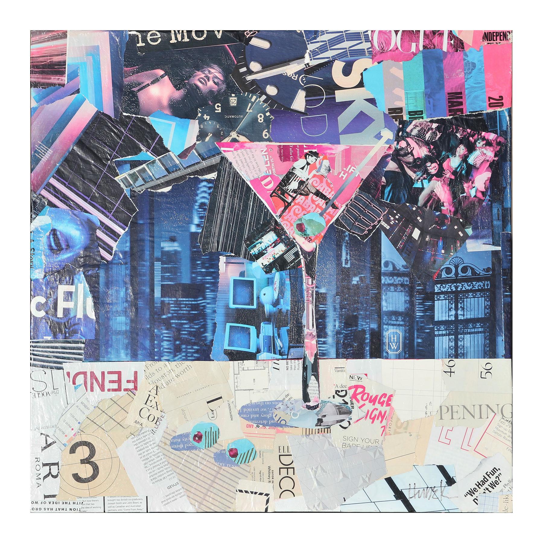 Square Abstract Pink Martini Glass Mixed Media Pop Art Magazine Collage - Painting by Jim Hudek