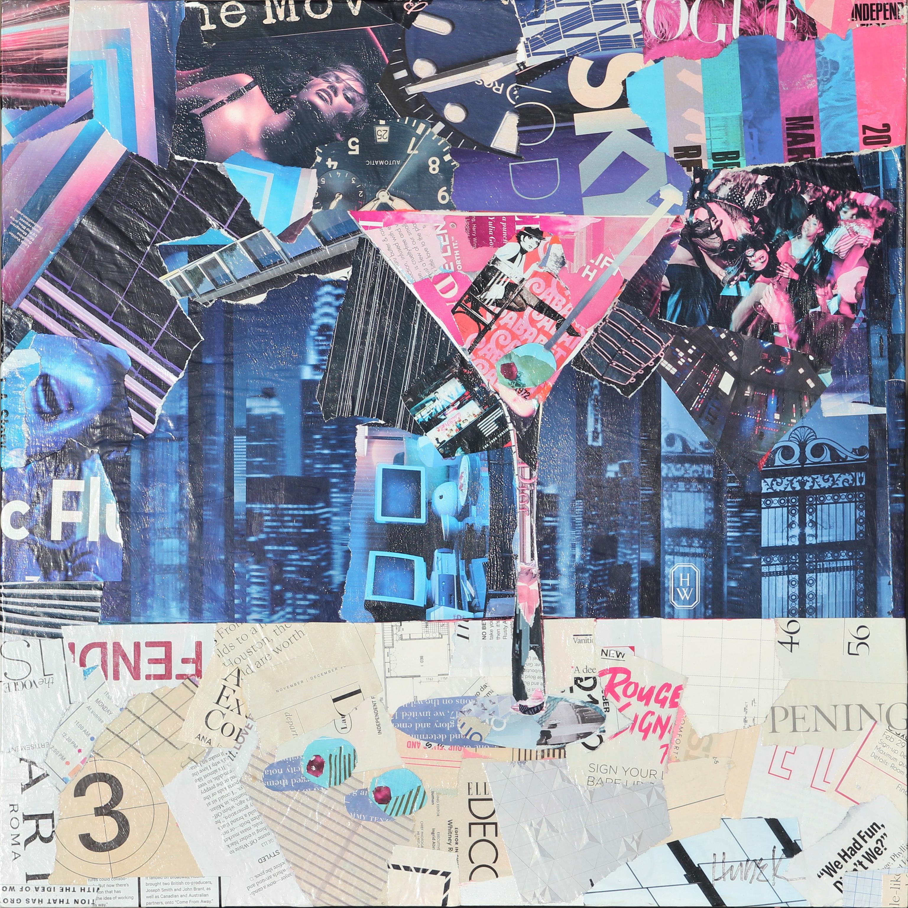 Jim Hudek Still-Life Painting - Square Abstract Pink Martini Glass Mixed Media Pop Art Magazine Collage