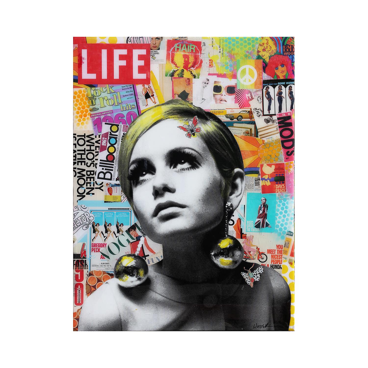 Twiggy Life Magazine - Collage contemporain de médias mixtes colorés Pop Art - Painting de Jim Hudek