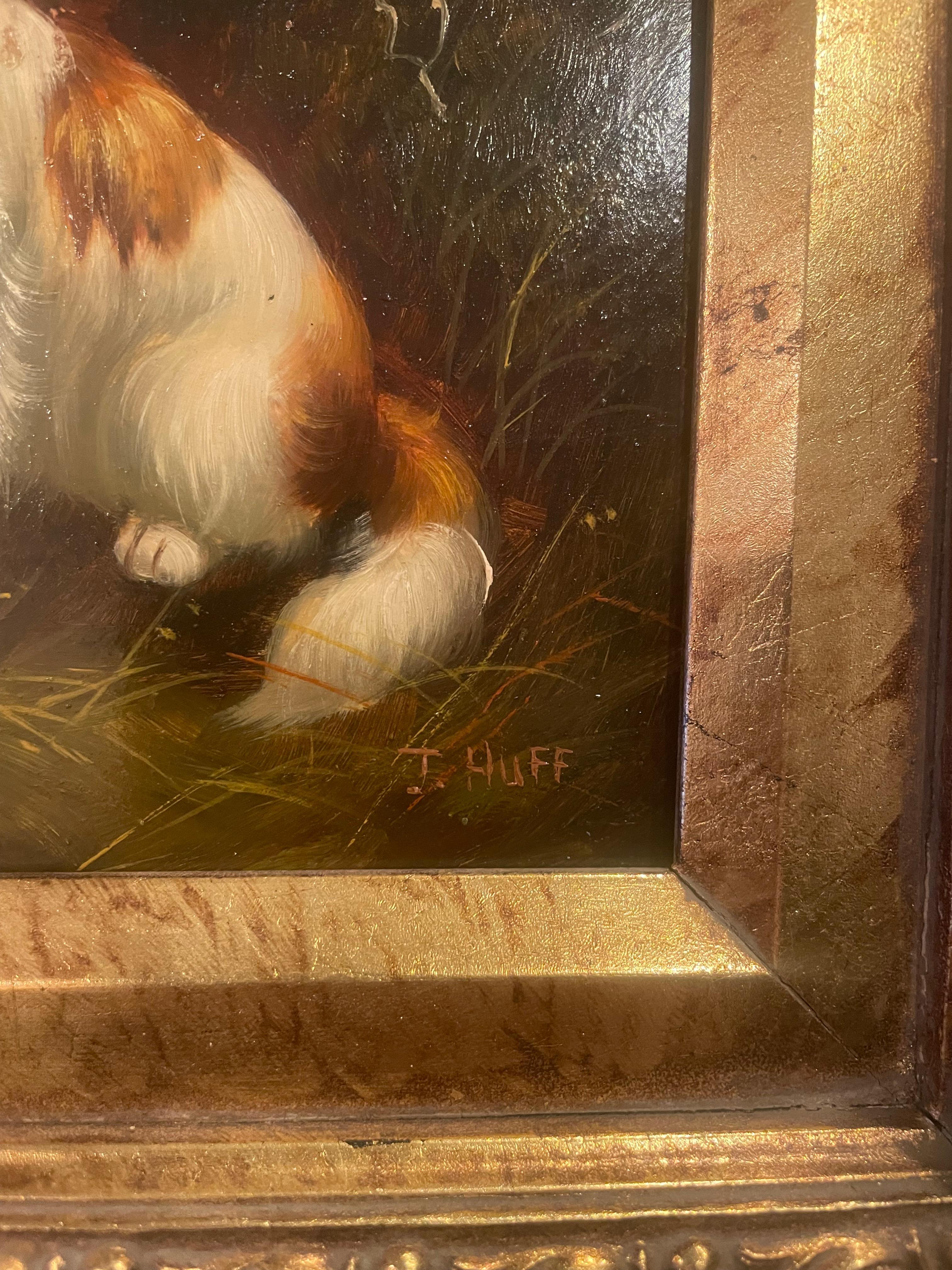 This is an Jim Huff (20th Century) Untitled Oil on board 2 dogs signed j huff . In great shape measures 17x15x2


