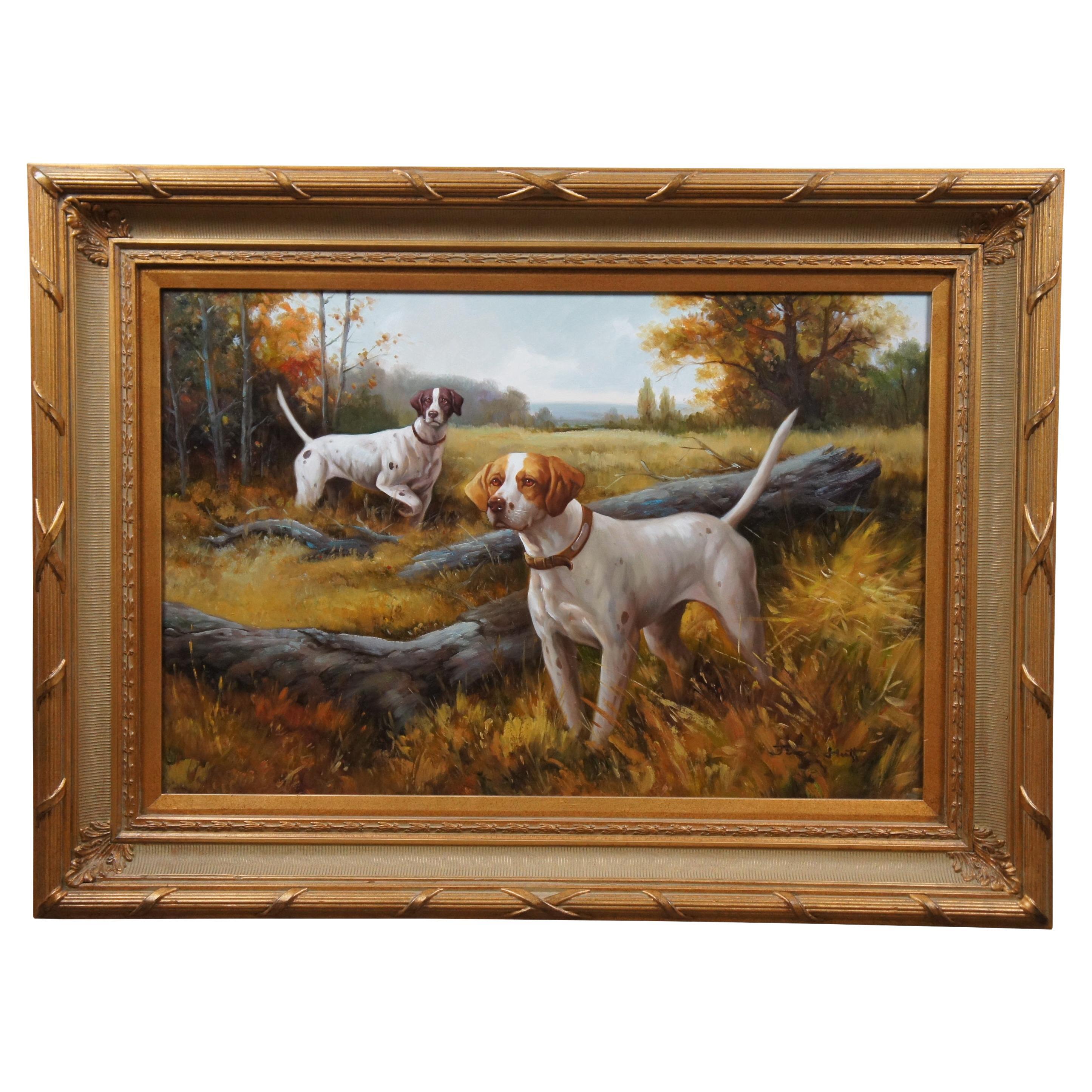 Jim Hutt Pointer Dogs Country Fall Hunting Landscape Oil Painting 46"