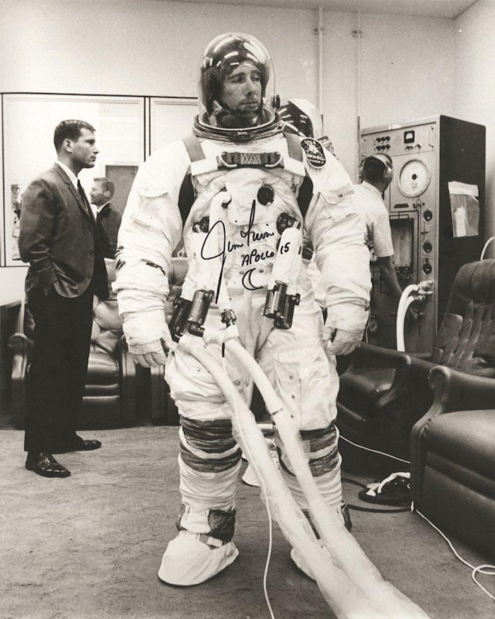 A black and white signed photograph of Apollo 15 Lunar Module pilot Jim Irwin, the eighth man on the moon
James Irwin (1930 – 1991) was an American aviator and NASA astronaut who became the eighth man to walk on the moon during the Apollo 15