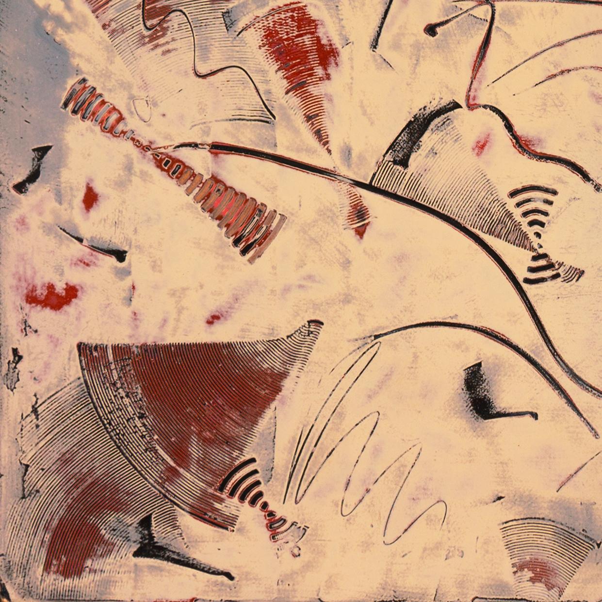 Painted by Jim Jacobs (American, born 1945), titled, 'Nankaweep' and dated 1983.
Previously with Lopoukhine Gallery, Boston.

A substantial, dynamic abstract comprising staccato geometric and angular impressions in shades of charcoal and scarlet