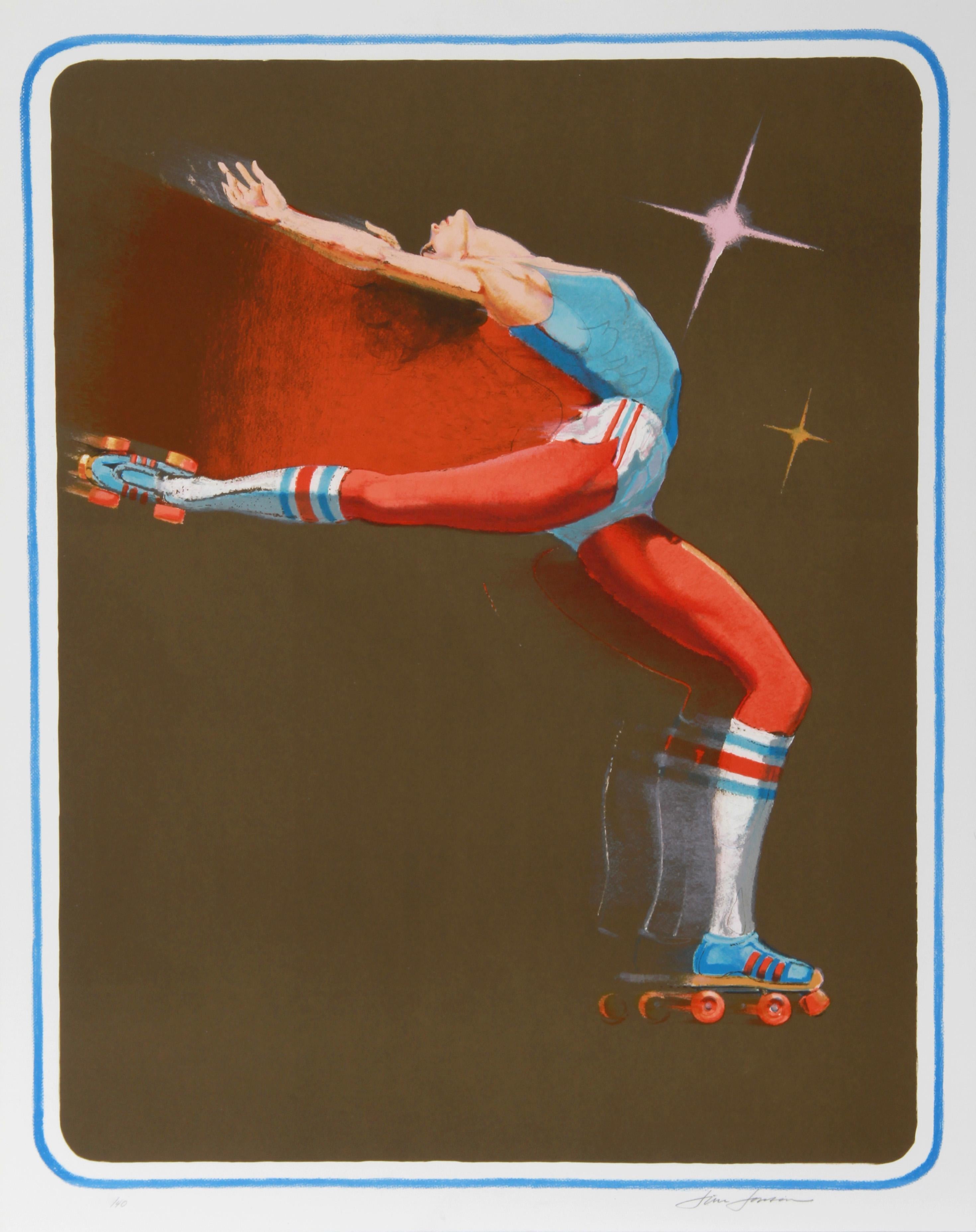 Jim Johnson’s dynamic portrait of a roller skater reflects the skater’s speed and prowess.

Roller Rocket
Jim Jonson, American (1928–1999)
Date: 1979
Lithograph, signed and numbered in pencil
Edition of 300, AP 40
Image Size: 26.5 x 21 inches
Size:
