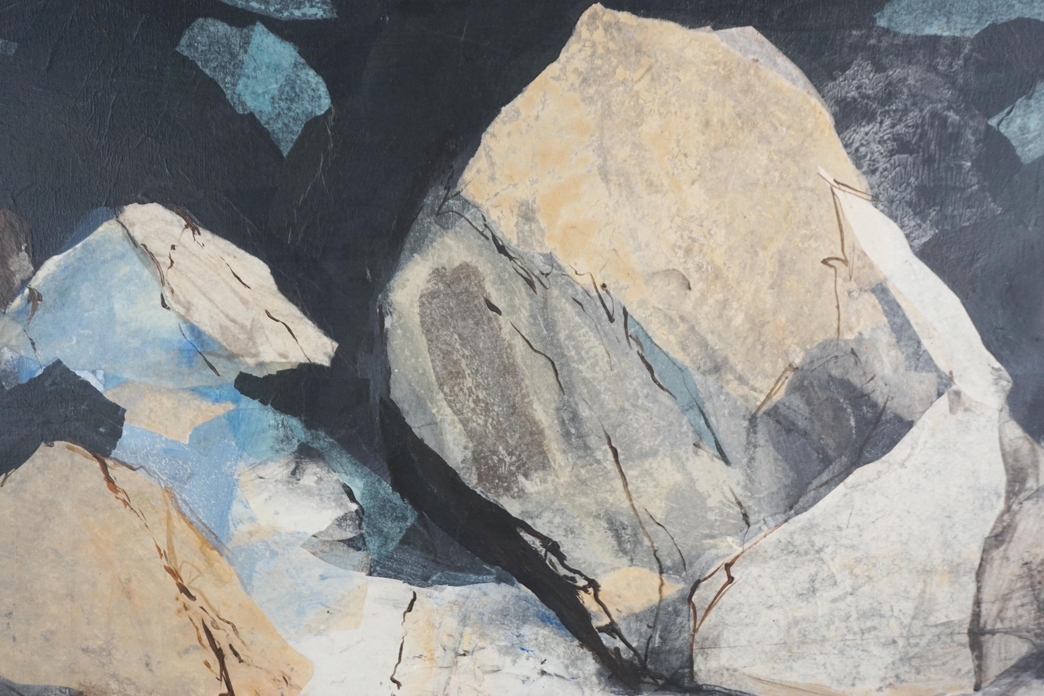 Vintage Abstracted Sea Cave oil and Paper Collage - Painting by Jim Kirwan