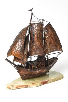 Jim Lewk Copper Sailboat Boat Ship Nautical Brutalist Sculpture on Marble Base