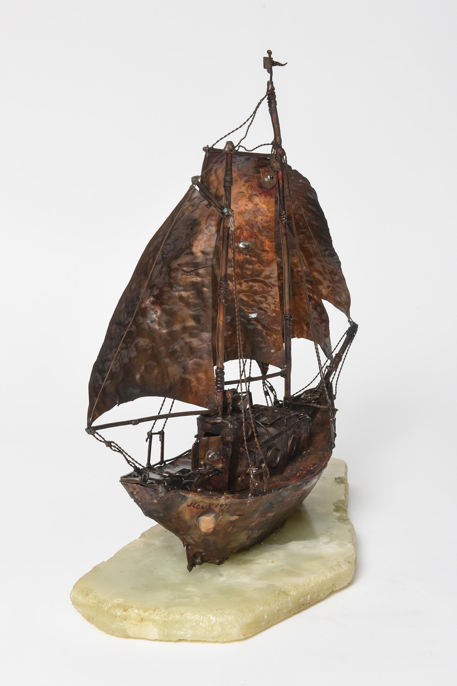 American Jim Lewk Copper Sailboat Boat Ship Nautical Brutalist Sculpture on Marble Base