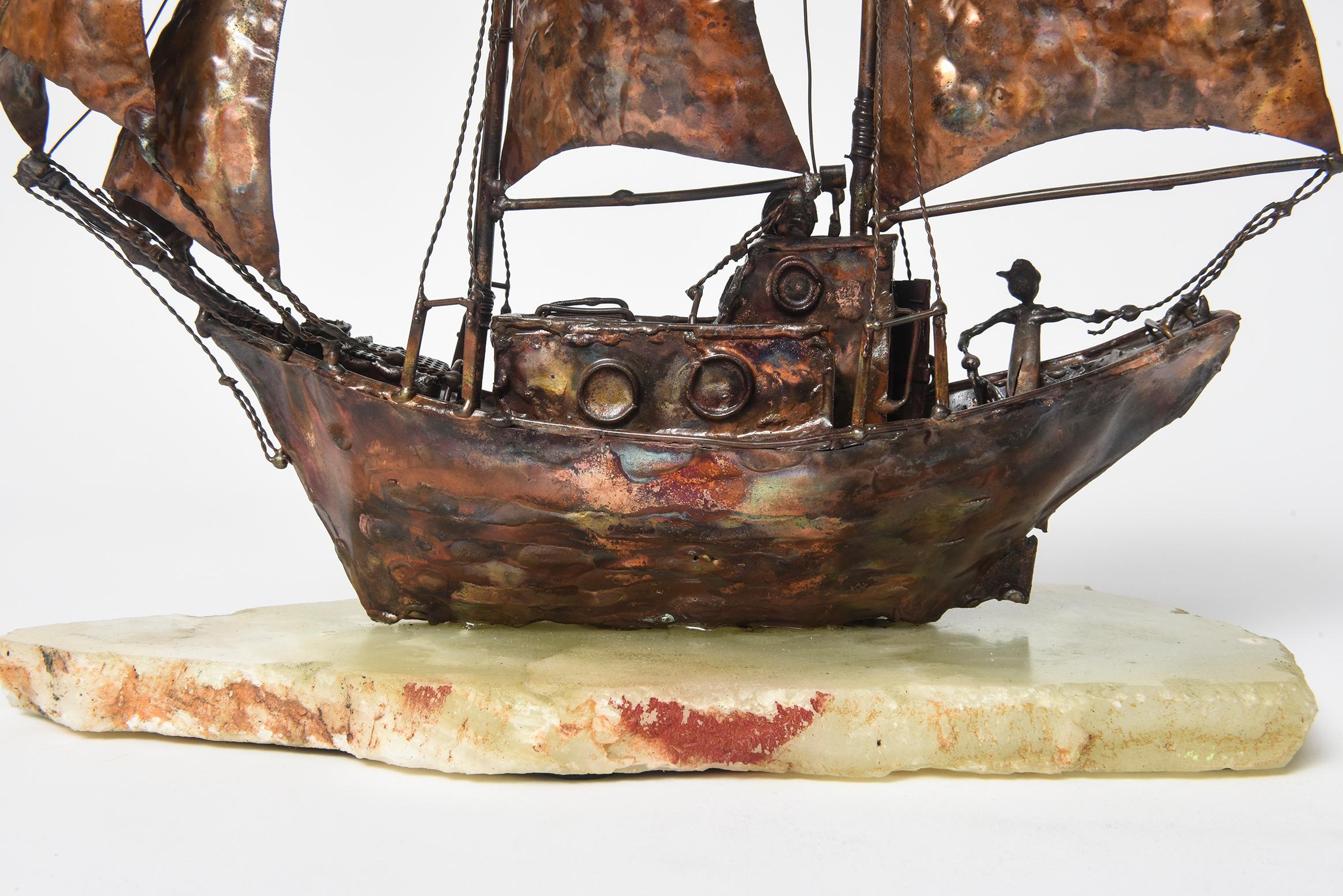 Late 20th Century Jim Lewk Copper Sailboat Boat Ship Nautical Brutalist Sculpture on Marble Base