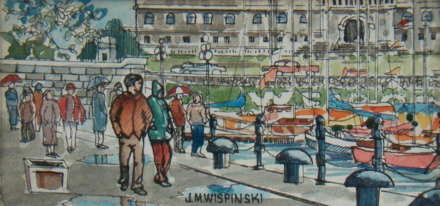 Hand-Painted Jim M Wispinski, 'Inner Harbor Stroll', Framed Watercolors, Canada, C.1980's For Sale