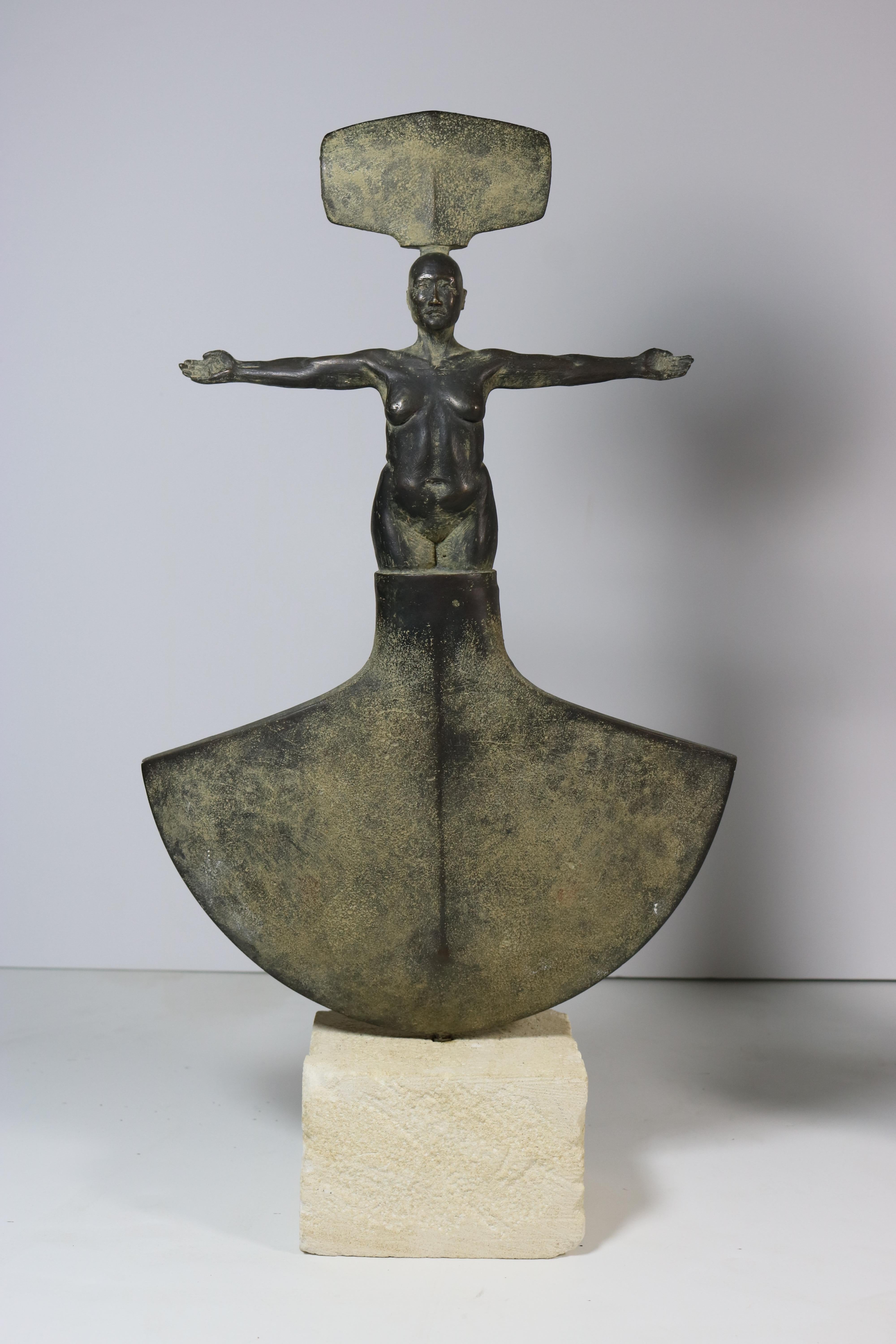 Combining primitive with the industrial, modern with ancient objects is where this noted California artist gets his inspiration. Jim Martin does allegorical works in bronze and steel.
His figurative sculptural forms are elegant, refined yet reflect