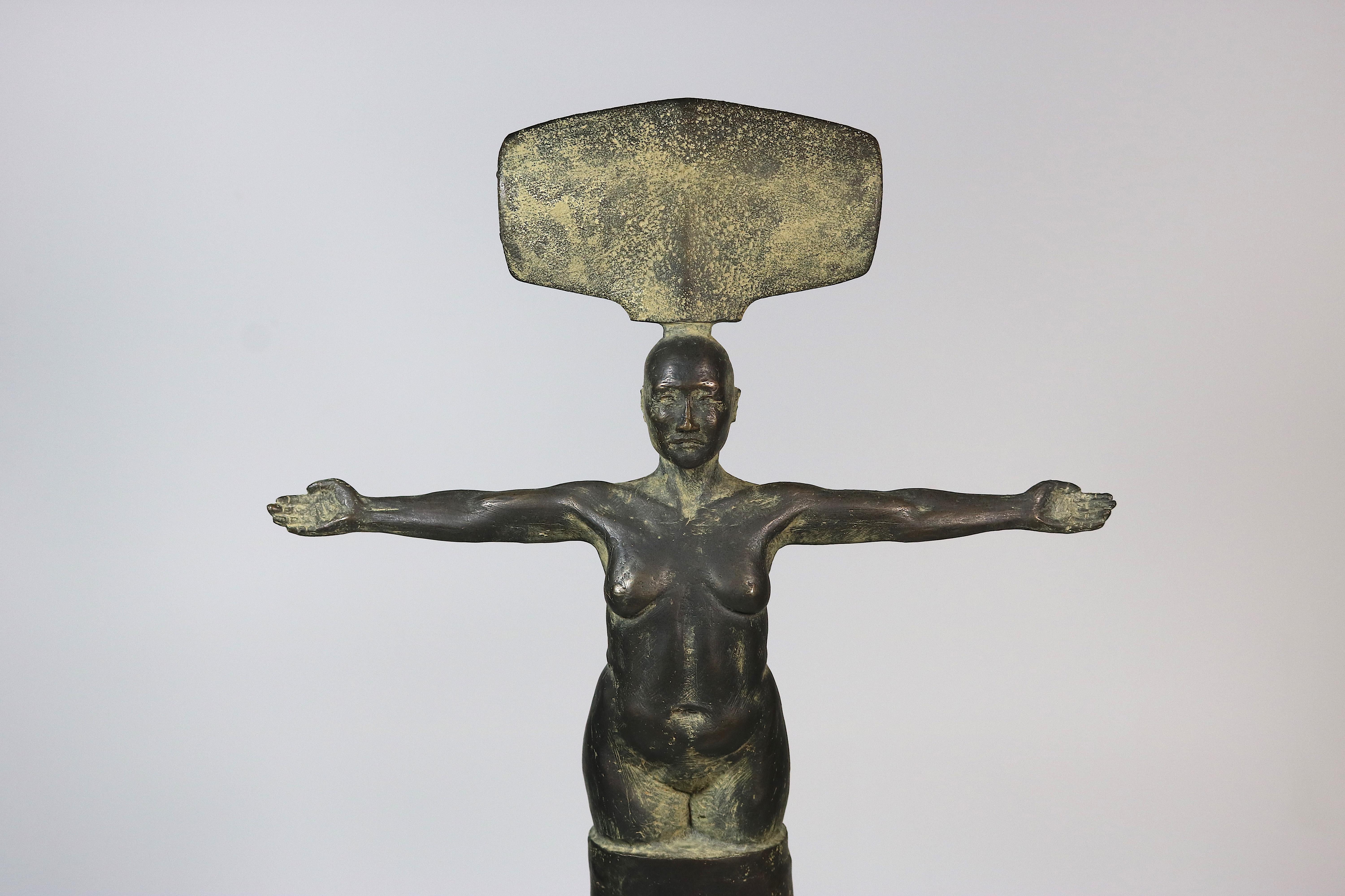 Jim Martin Sculptor Pair of Spiritual Bronze Steel Figurative Sculptures In Good Condition For Sale In West Palm Beach, FL