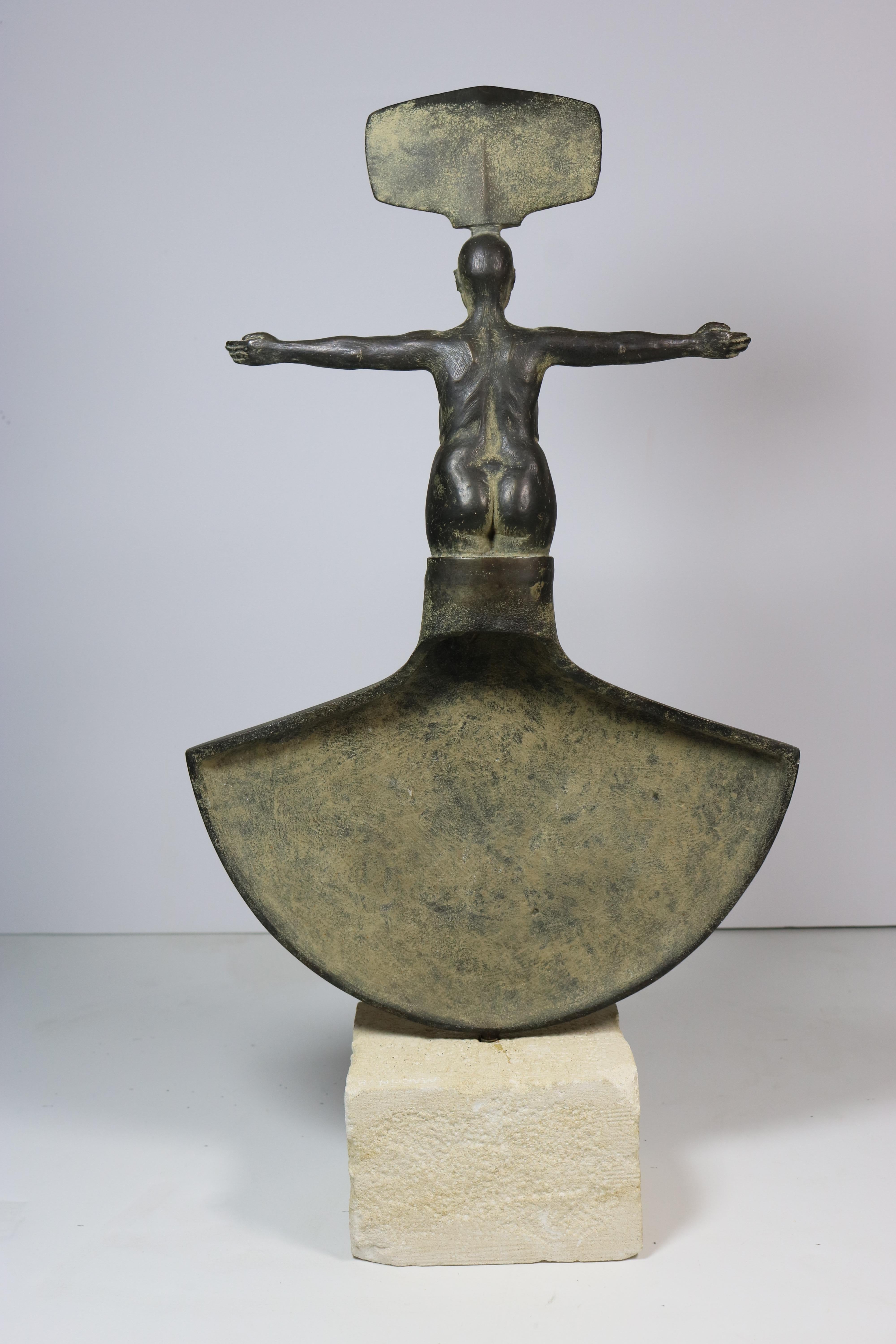 20th Century Jim Martin Sculptor Pair of Spiritual Bronze Steel Figurative Sculptures For Sale