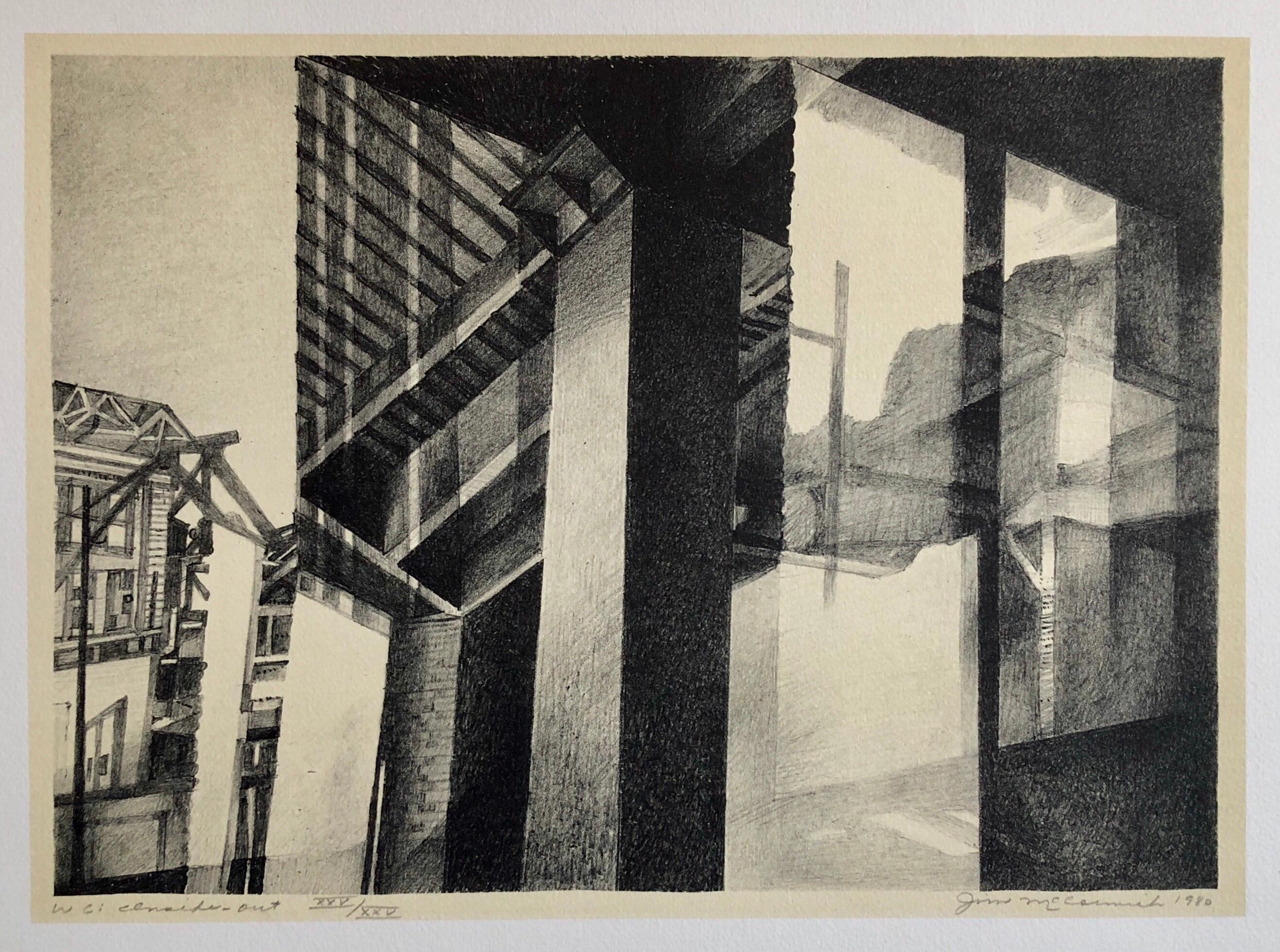 Lithographie architecturale moderniste de la scène de Chicago, artiste du Nevada