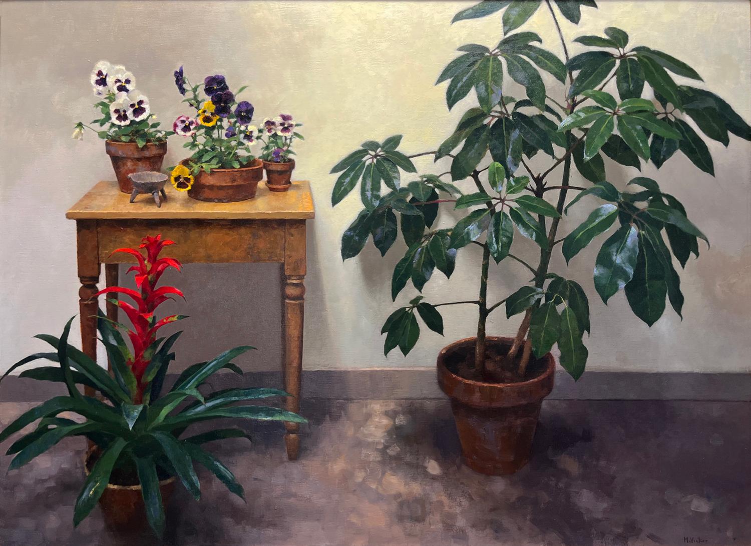Stillleben mit Bromeliad und Stiefmütterchen – Painting von Jim McVicker