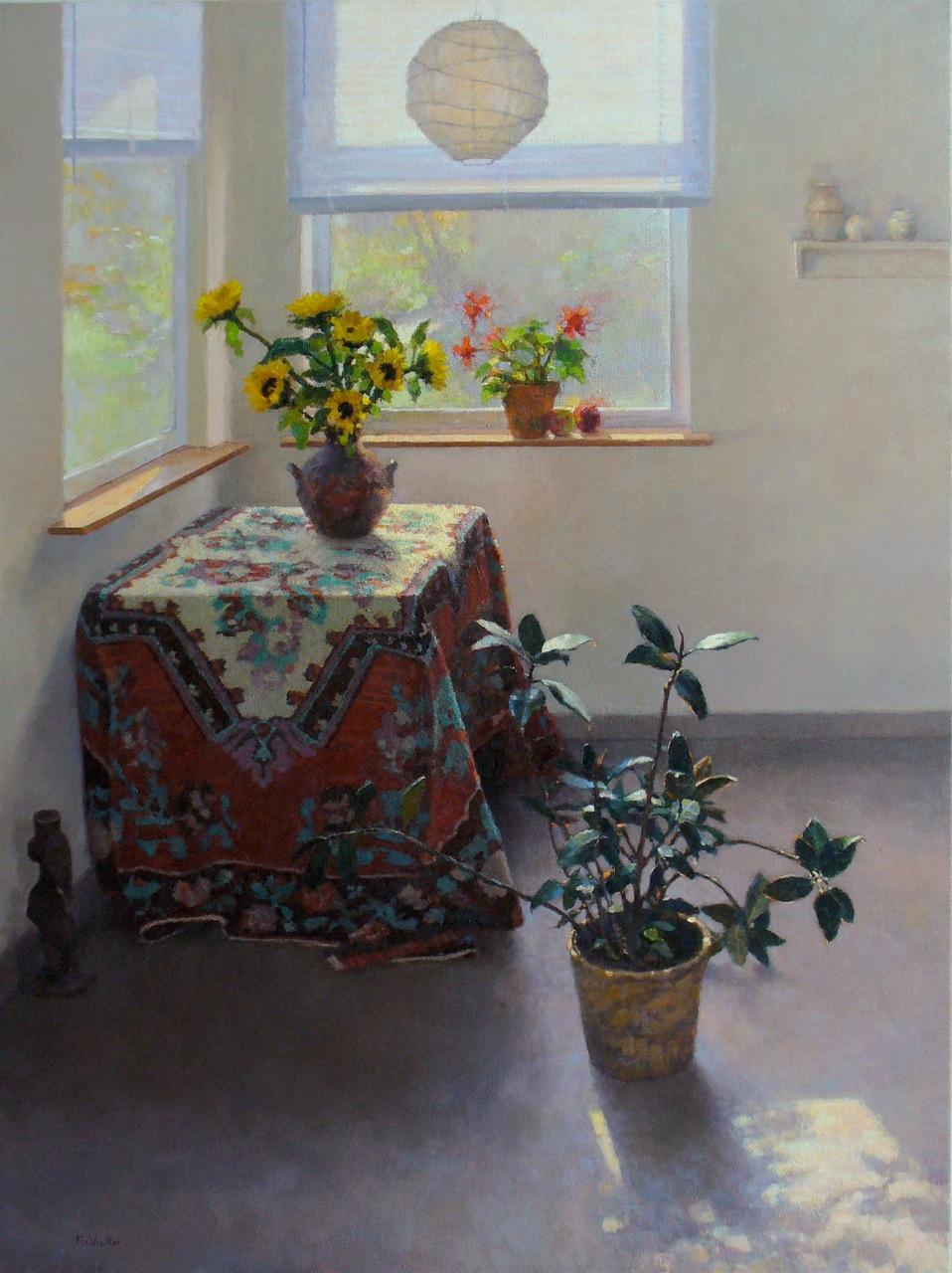 Jim McVicker Still-Life Painting - Sunlit Studio with Sunflowers
