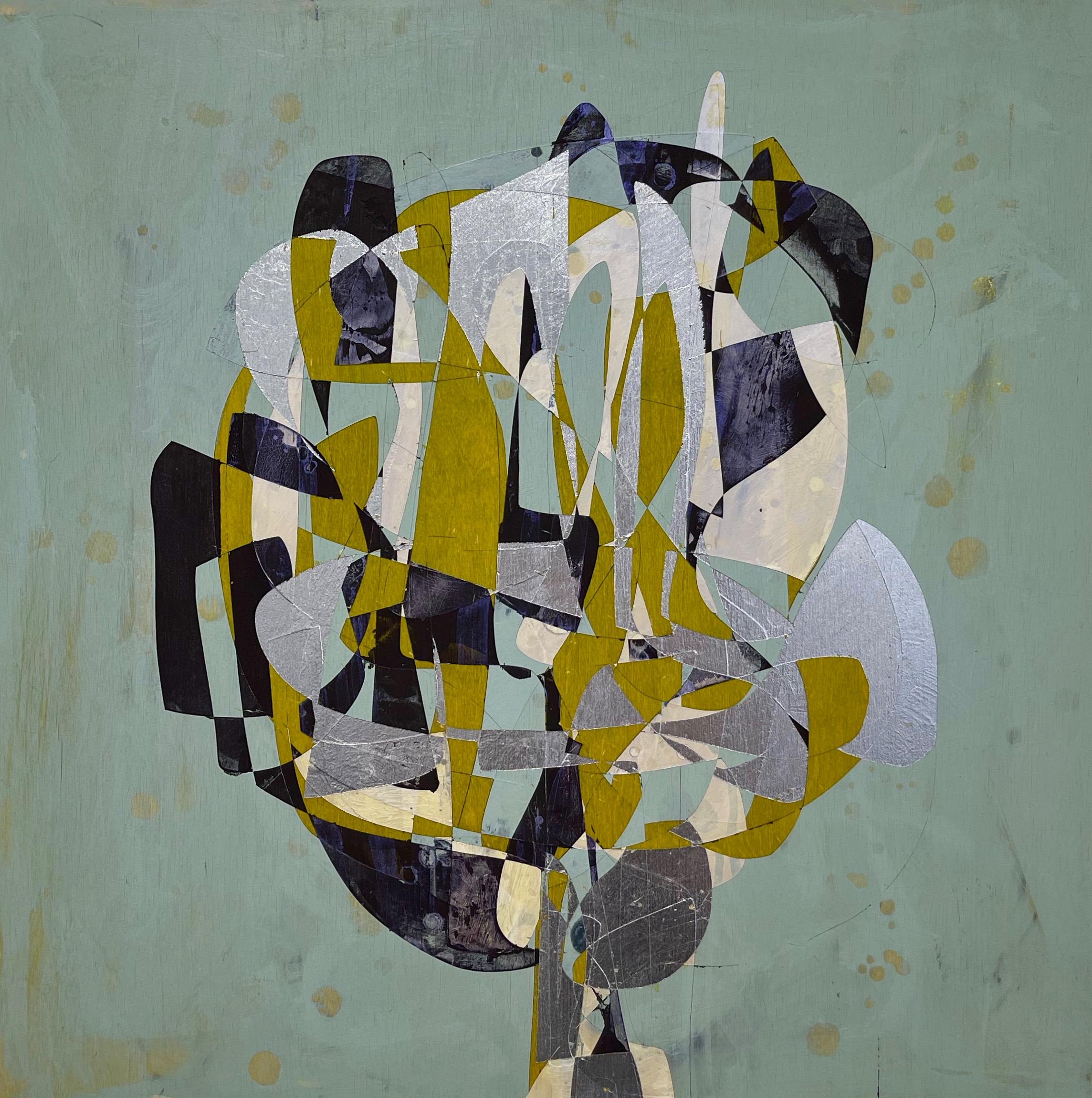Jim Napierala Abstract Painting - Black Dutch, yellow and black geometric abstract painting on wood panel