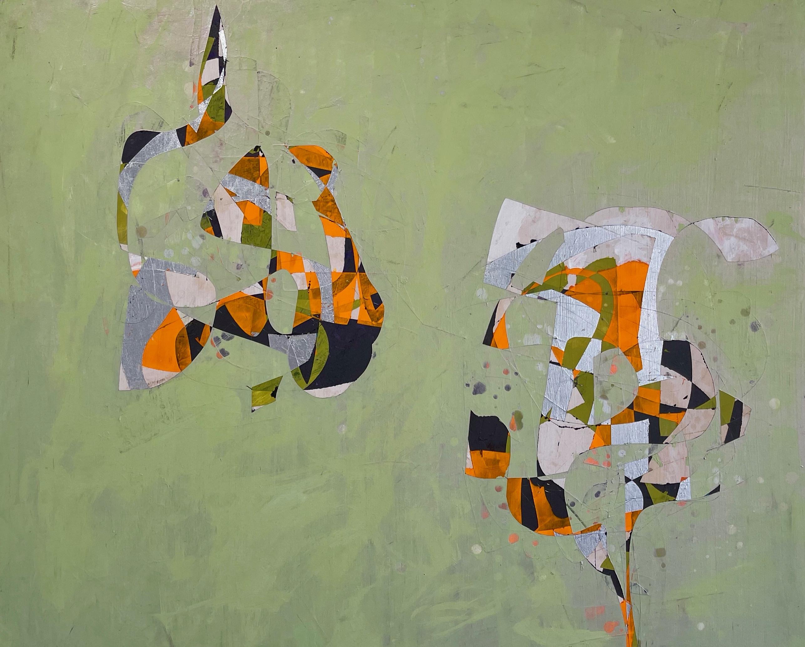 Jim Napierala Abstract Painting - Dr. Yin and Mr. Yang, green and orange geometric abstract painting on wood panel