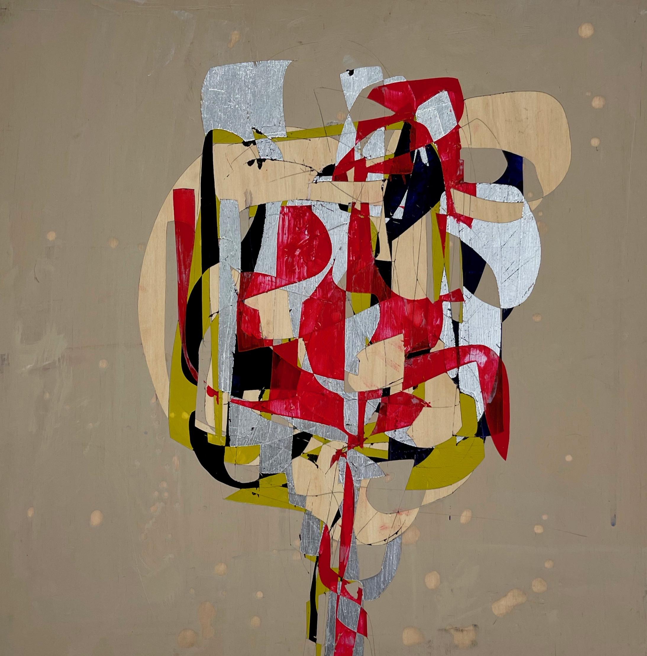 Jim Napierala Abstract Painting - Edna Million, red and beige geometric abstract painting on wood panel