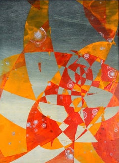 False Astronomy, red and orange oil stick on wood panel