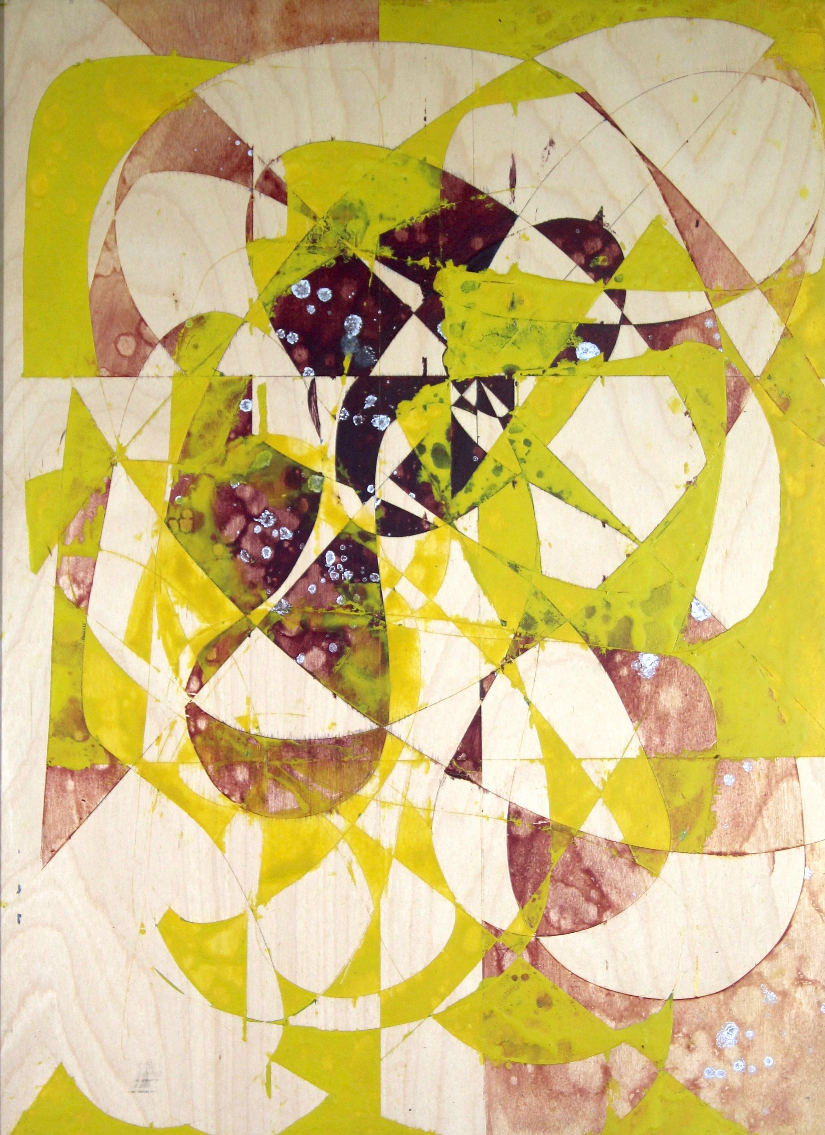 Jim Napierala Abstract Painting - Fate is the Wheel, green and white geometric abstract painting on wood panel