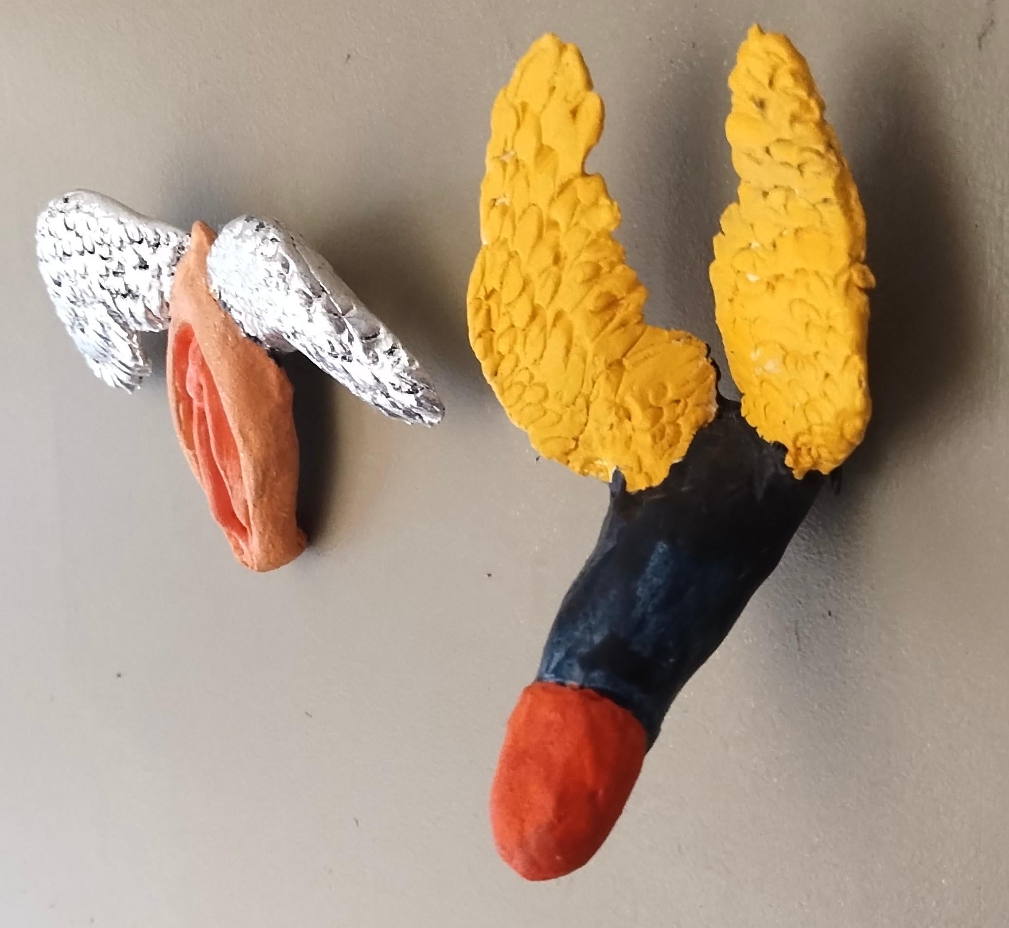 Artist: Jim Pallas (1941)
Title: Flying Phallus and Winged Vulva
Year: 2018
Medium: Pigmented epoxy on ceramic
Size: 3.5 x 4 inches, each
Condition: Excellent
Inscription: Signed and dated

JIM PALLAS (1941-) American painter, draughtsman, sculptor,